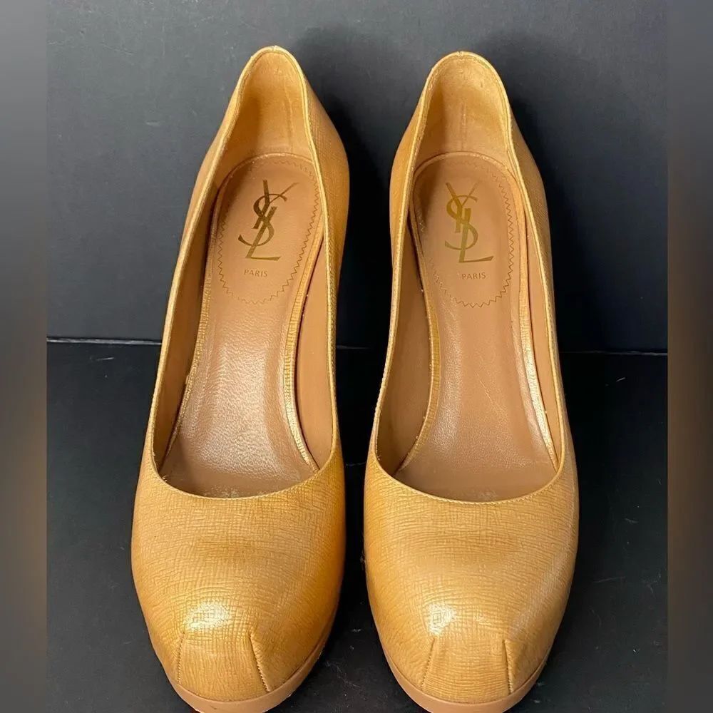🛍️ Yves Saint Laurent Authentic Tribtoo 80 Camel Tan Platform Stilettos w/Box